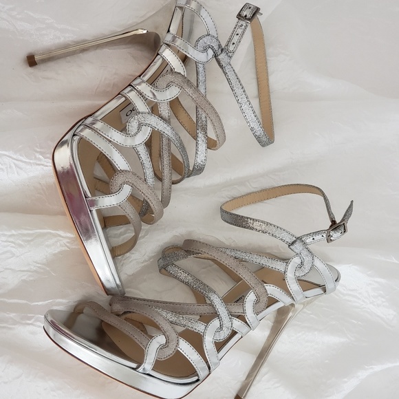 JIMMY CHOO DART MIRROR GLITTER SILVER STRAPPY NWT - Picture 4 of 8
